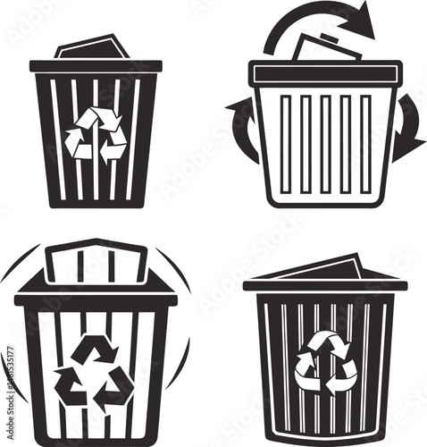 Recycling bin, garbage box , delete , trash bin, dustbin  symbol showing waste disposal and reuse black and white silhouette vector illustration 