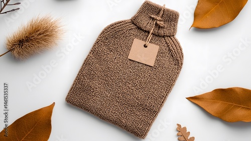 Brown Knitted Hot Water Bottle Flatlay with Autumn Leaves