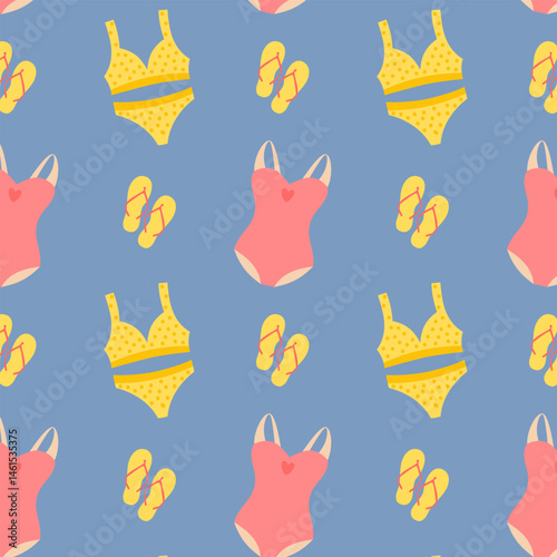 Flat style seamless swimwear pattern with cute swimsuits. Summer beachwear Seamless pattern with illustration for fashion design, swim shop, packaging and textile print.