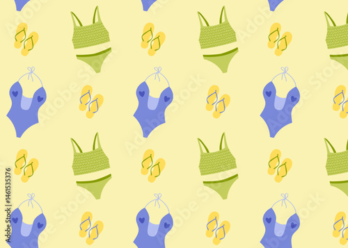 Seamless swimwear pattern with green and blue swimsuits. Summer beachwear Seamless pattern with illustration for fashion design, swim shop, packaging and textile print.