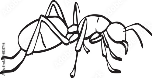 A stylized black and white ant crawls across a textured surface.