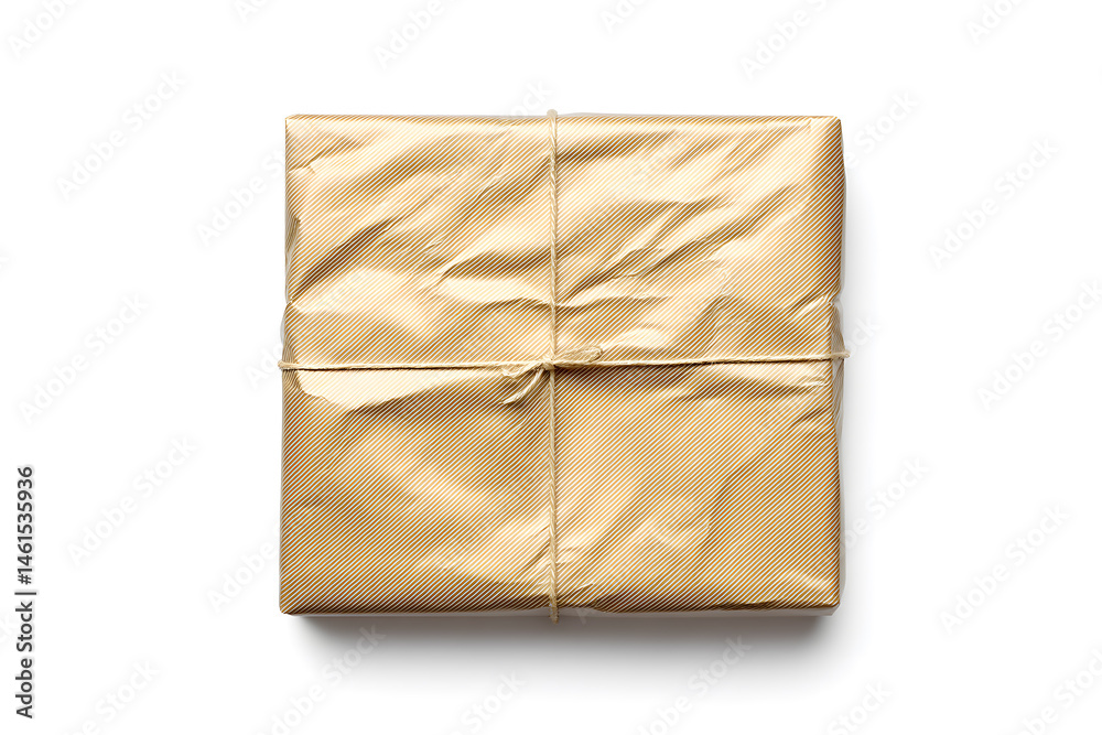 Present wrapped with gold tissue paper isolated on white background Present wrapped with gold tissue paper isolated on white background