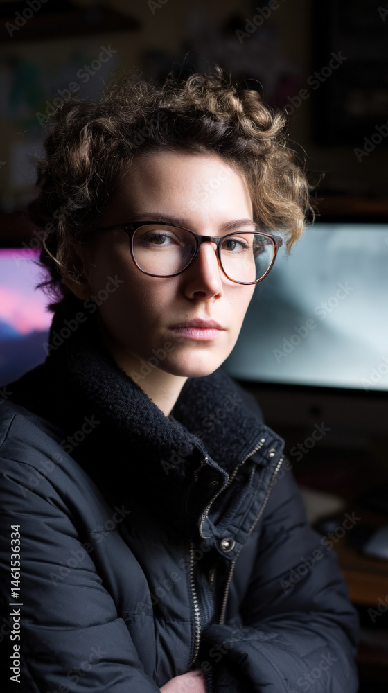 Obraz premium Casual portrait of a young Caucasian female coder with curly hair, wearing glasses and a black jacket, focused and serious in a tech workspace with computers in the background