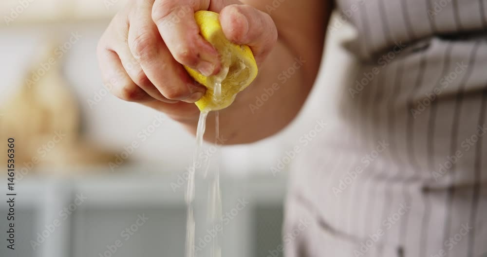 Hand squeezing lemon close up view