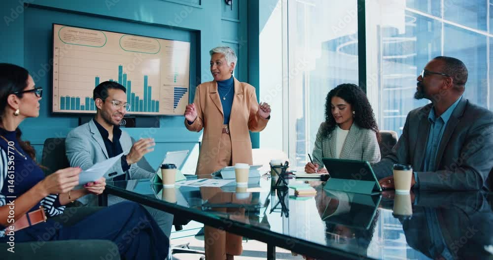 Business, people and screen in office for meeting, report presentation and feedback chart. Woman speaker, staff and workshop in boardroom for company growth, profit review and funding pitch with tech