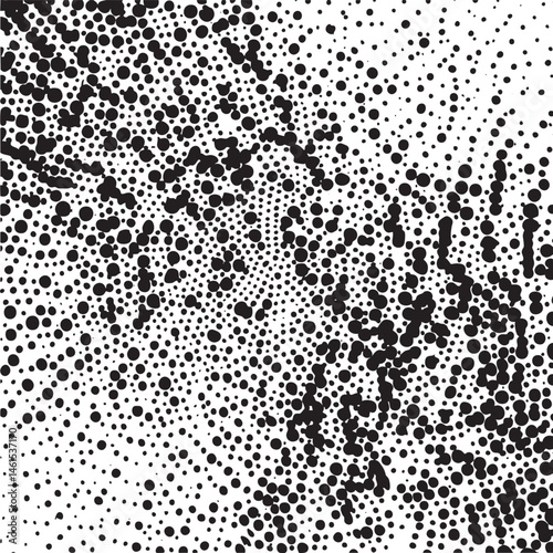 A dense field of black and white dots creates an abstract swirling