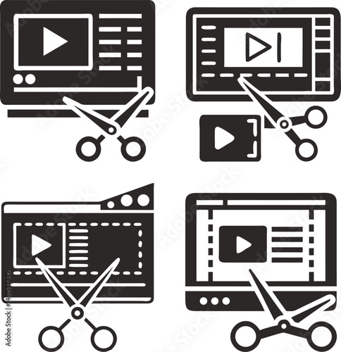 Video editing tools and scissors for cutting video clips 
black and white silhouette vector illustration symbol
