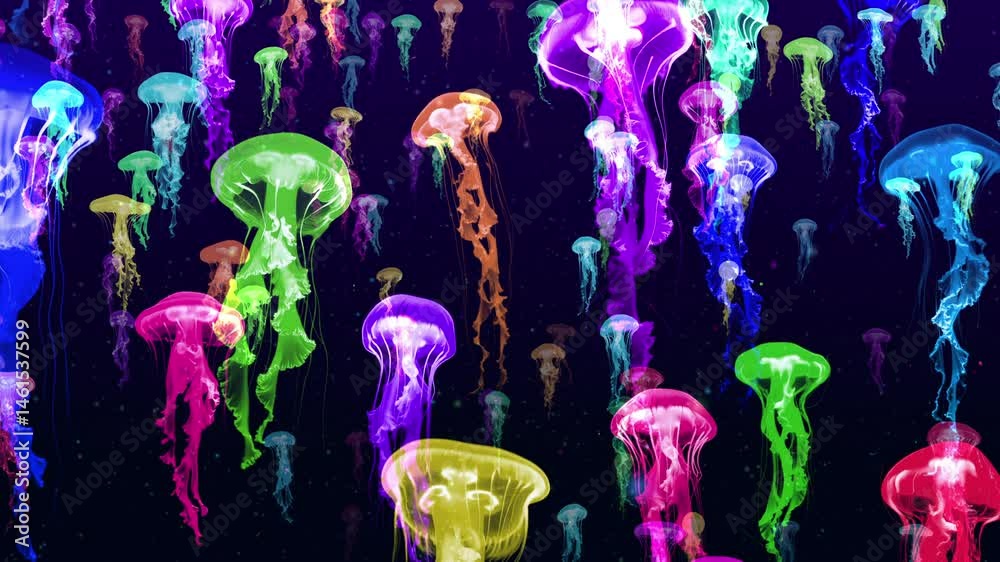 Color-changing bioluminescent jellyfish floating upwards, psychedelic loop. AI videos were used as elements along with traditional compositing and particle effects.