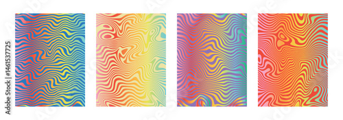 Iridescent gradient liquify backgrounds. Abstract rainbow distorted posters. Marble twisted banner. Psychedelic acrylic texture. Retro hippie groovy swirls, spirals, waves, twirls. Vector.