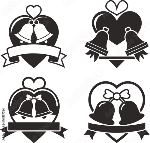 Wedding bells heart designs ribbon banner 
black and white silhouette vector illustration symbol image