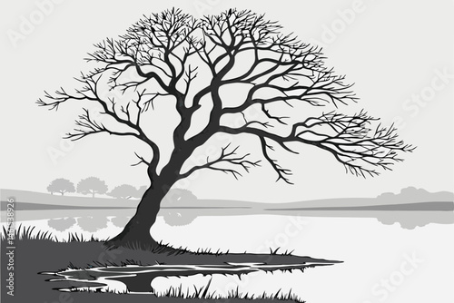 17 Black and white photography, lone gnarled tree, smooth water surface, minimalist landscape, bare branches, reflections, ethereal atmosphere, misty horizon, long exposure, stark contrast, serene sti