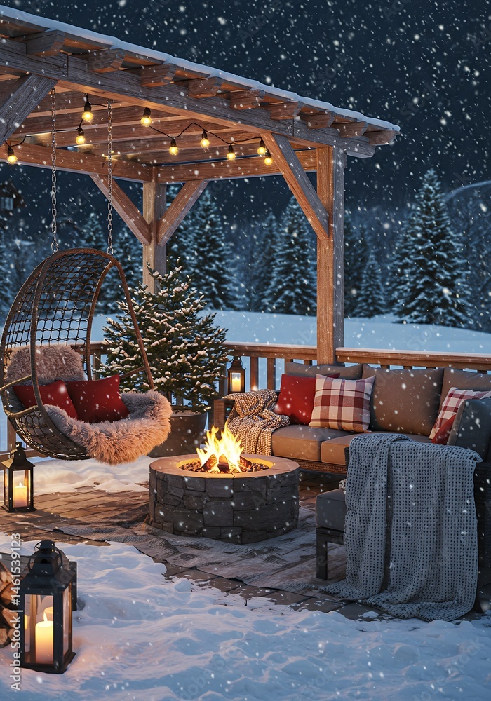 Obraz premium Outdoor Winter Scene with Fireplace and Snow