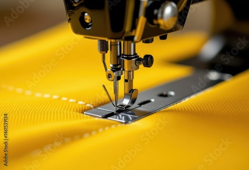 Close-up of a sewing machine needle stitching vibrant yellow fabric