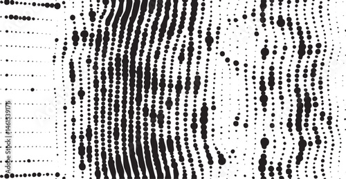 A dense swirling of black and white dots dominates the