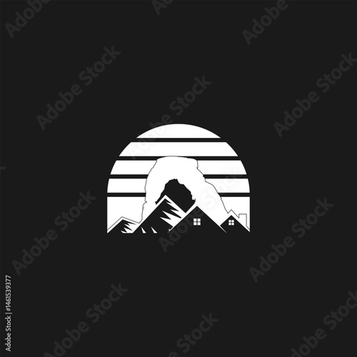 Black and white minimalist icon showcasing mountainscape with arch and homes