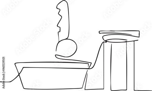 A minimalist drawing depicts a porcelain toilet with a simple tank and bowl.