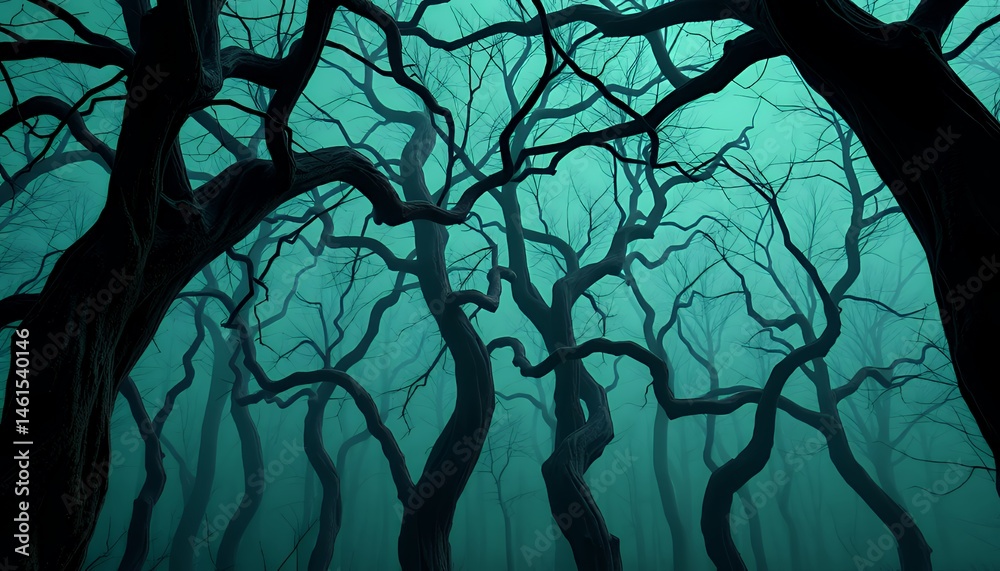 Naklejka premium Isolated on Green Screen Background Dark Teal Haunted Forest Pixel Art with Gnarled Leafless Trees for Horror Thriller and Fantasy Visual Effects Production Elements