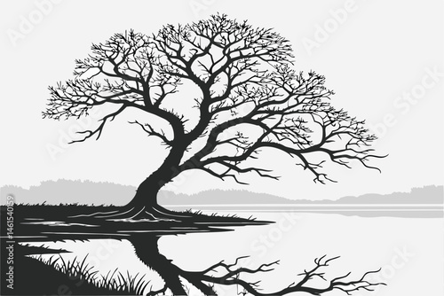 17 Black and white photography, lone gnarled tree, smooth water surface, minimalist landscape, bare branches, reflections, ethereal atmosphere, misty horizon, long exposure, stark contrast, serene sti