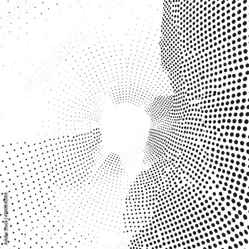 A circular white void dominates a textured black and white