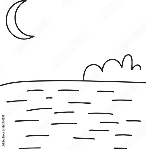 A moon illuminates a calm ocean under a cloudy sky.