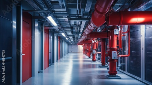 A fire protection system in a data center, where precision sprinklers and fire alarms protect critical equipment, ensuring minimal disruption in case of a fire