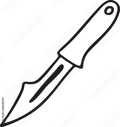 A sleek black knife rests vertically on a white background.