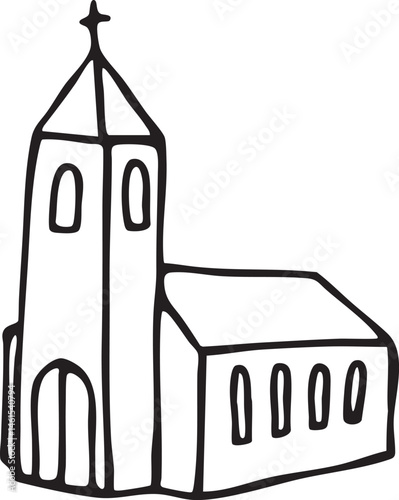 A simple black and white of a church building with a tall spire.