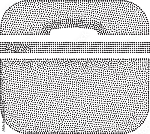 A stylized perforated oval shape dominates the with a central white band.