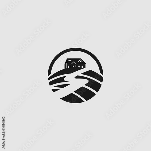 Minimalist house on hillside logo in circular frame, black and white