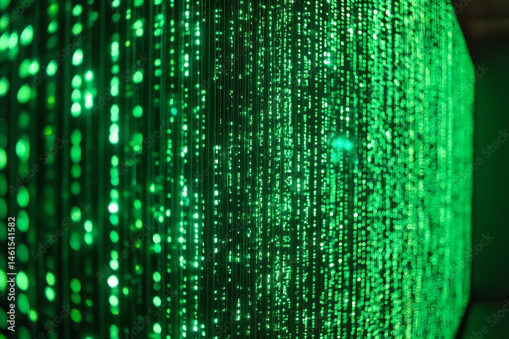 Abstract green glowing lines creating an impressive light installation in a dark setting Abstract green glowing lines creating an impressive light installation in a dark setting