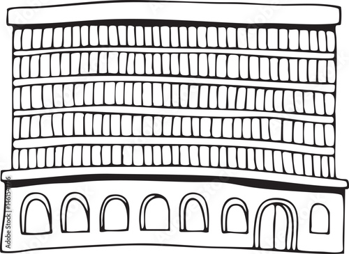 A stylized black and white depicts a  arched structure with tiered seating.
