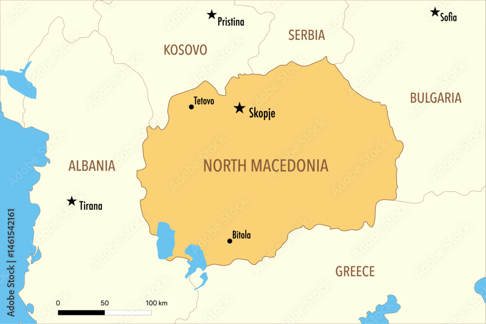 Fototapeta Vector Map of North Macedonia with Major Cities and Neighboring Countries – Editable Illustration