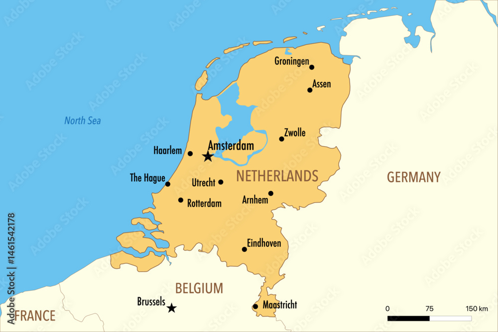 Obraz premium Vector Map of Netherlands with Major Cities and Neighboring Countries – Editable Illustration