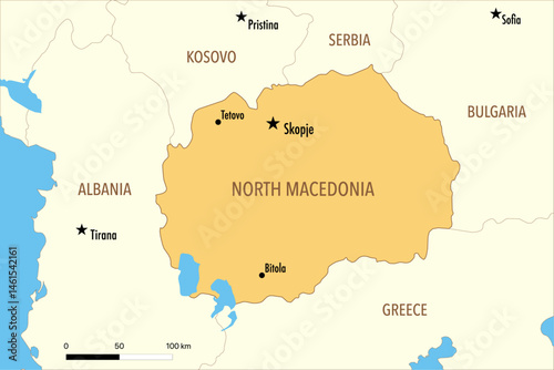 Vector Map of North Macedonia with Major Cities and Neighboring Countries – Editable Illustration