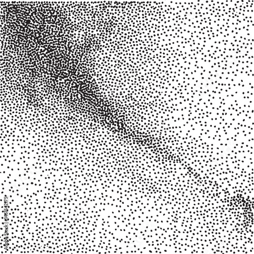 A dense network of interconnected black dots flows across a textured gray background.