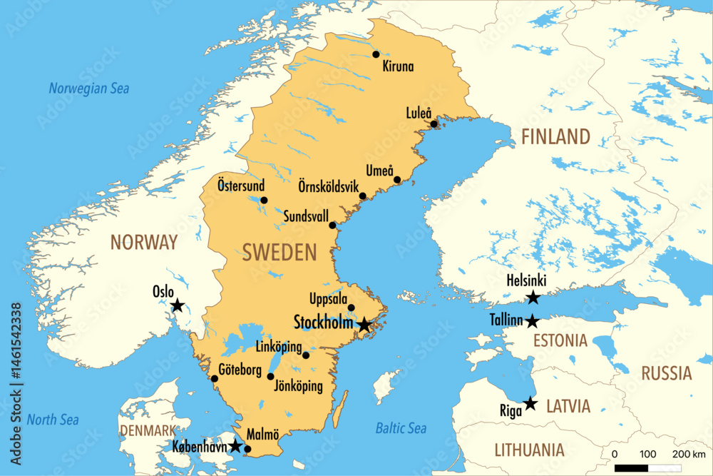 Vector Map of Sweden with Major Cities and Neighboring Countries – Editable Illustration