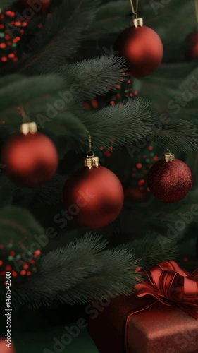 Christmas tree decorations with red ornaments and wrapped gifts under the tree