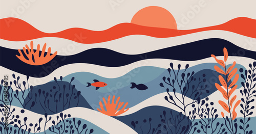 Abstract Underwater Landscape with Fish and Coral