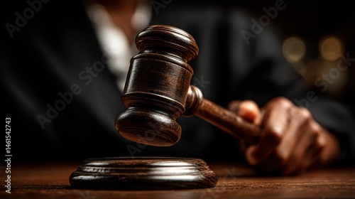 Close-up of strong woman judge is hand gripping gavel, focusing on sound block in the courtroom