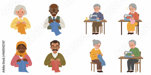 "Crafting Generations: A group of diverse individuals, spanning generations, find joy in the timeless crafts of knitting and sewing.