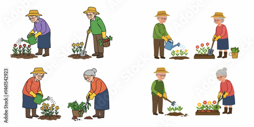 Gardening Couple's Green Thumb Harmony: A compilation of illustrations showcasing an elderly couple engaged in the nurturing art of gardening. The scenes depict moments of planting, watering.