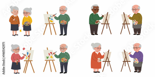 Creative elderly hobby: An artistic senior embraces the joy of painting, while a caring companion observes, embodying the essence of passion and companionship in their golden years. 