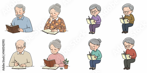 Elderly Reflection: A tender illustration depicts a series of elderly individuals lost in the act of writing or reading, evoking introspection and the wisdom of years. 