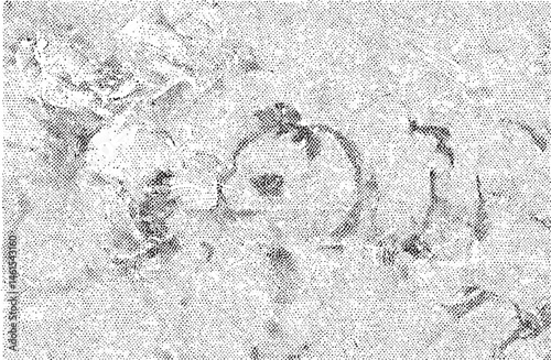 A solitary gray-toned figure stands amidst a dense textured of circles.
