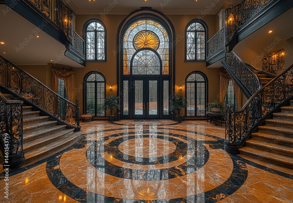 Obraz premium Grand entryway with opulent design and stunning stained glass.