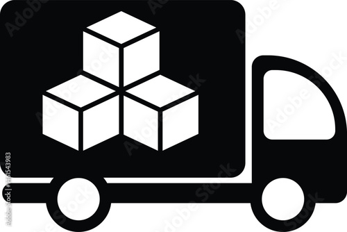 Black 2D vector icon of delivery truck used for e-commerce, online shopping, and retail-related UI or visuals.