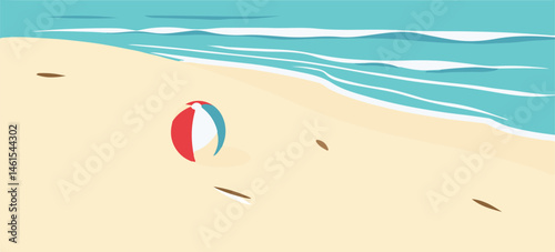 A volleyball lies on the sandy beach near calm ocean waves, ideal for travel, leisure, or vacation-themed content.