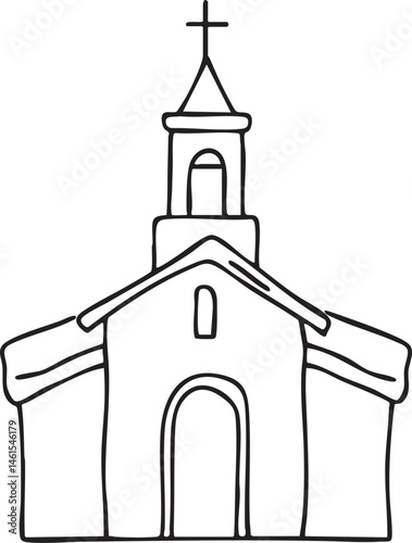 A simple drawing depicts a traditional church building with a prominent steeple.