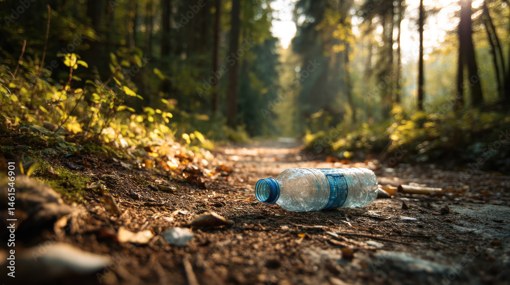 Fototapeta premium Plastic bottle littering forest path amid sunlit trees and vegetation