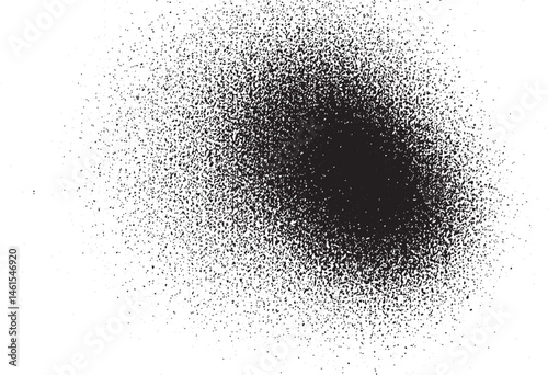 A dense scattering of black dots covers a white background creating an abstract circular